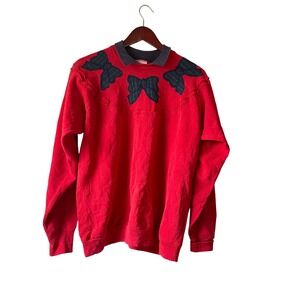 Vintage 80s cottagecore Red Plaid Bow Collar Sweatshirt Women's XL Festive